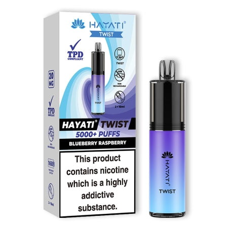 HAYATI TWIST 5000 Disposable Vape Pod Kit in Blueberry Raspberry – compact and stylish disposable vape with up to 5,000 puffs.