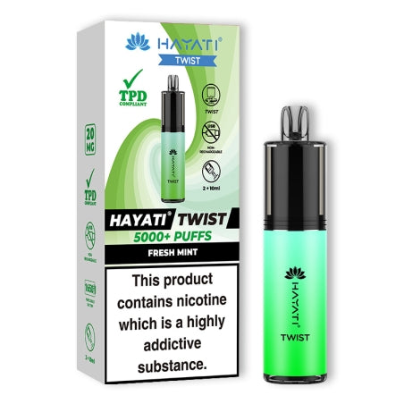 HAYATI TWIST 5000 Disposable Vape Pod Kit in Fresh Mint – compact and stylish disposable vape with up to 5,000 puffs.