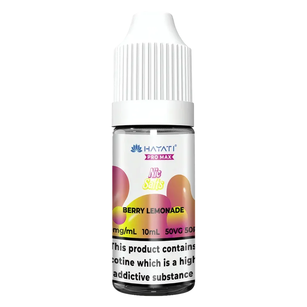 Hayati Pro Max Nic Salt Vape E-Liquid 10ml in berry lemonade Flavor, offering a smooth and satisfying vaping experience with convenient 10ml bottle packaging.