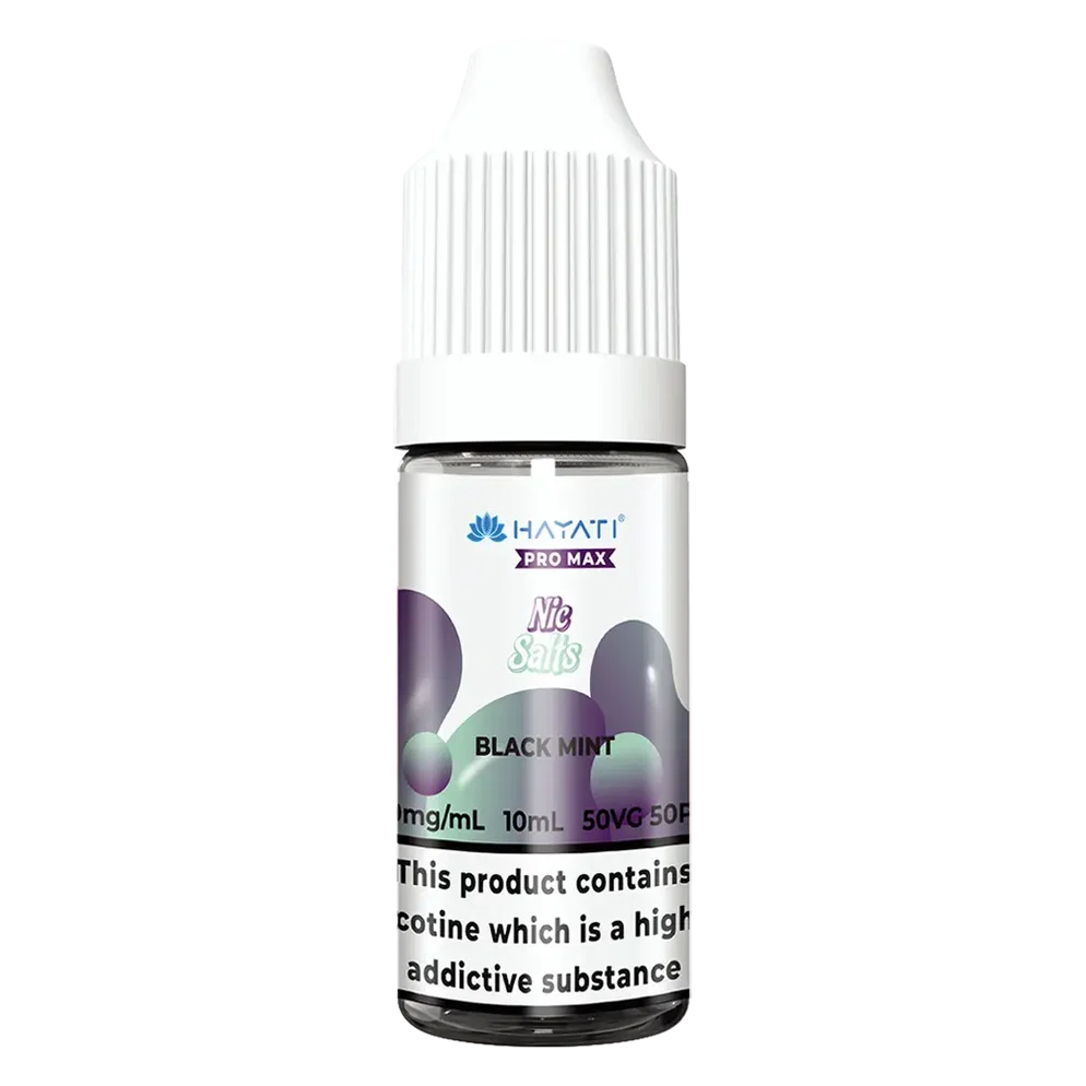 Hayati Pro Max Nic Salt Vape E-Liquid 10ml in black mint Flavor, offering a smooth and satisfying vaping experience with convenient 10ml bottle packaging.