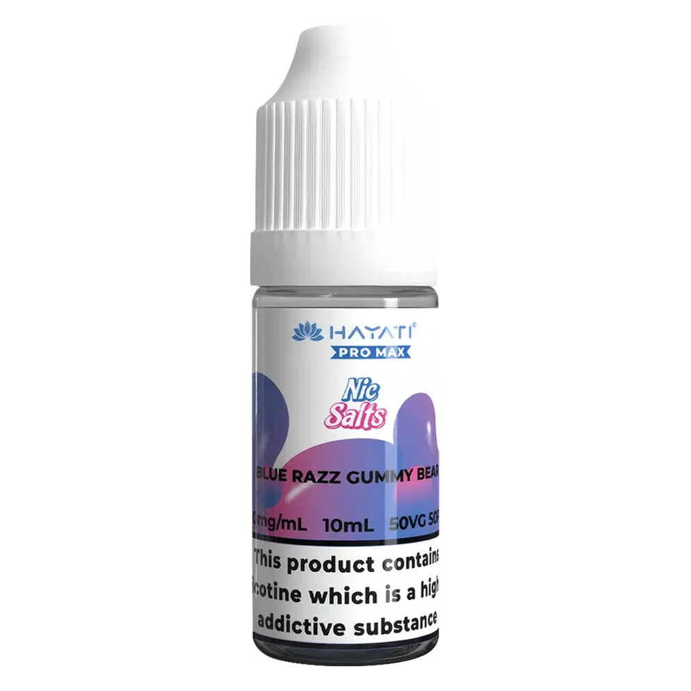 Hayati Pro Max Nic Salt Vape E-Liquid 10ml in blue razz gummy bear Flavor, offering a smooth and satisfying vaping experience with convenient 10ml bottle packaging.