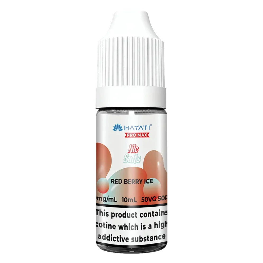 Hayati Pro Max Nic Salt Vape E-Liquid 10ml in red berry ice Flavor, offering a smooth and satisfying vaping experience with convenient 10ml bottle packaging.