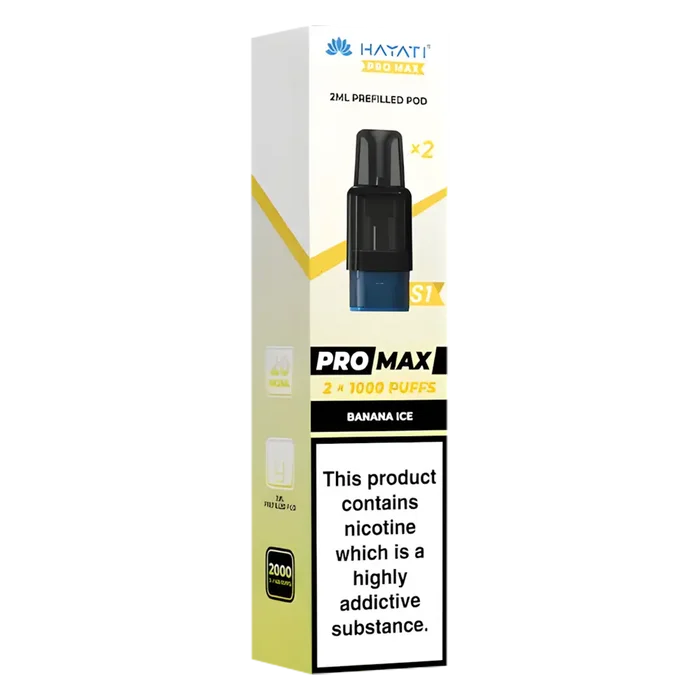 Hayati Pro Max S1 Banana Ice pods with 2ml nic salt e-liquid, 1000 puffs and mesh coil for smooth vaping