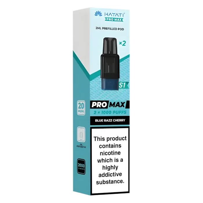 Hayati Pro Max S1 Blue Razz Cherry pods with 2ml nic salt e-liquid, 1000 puffs and mesh coil for smooth vaping