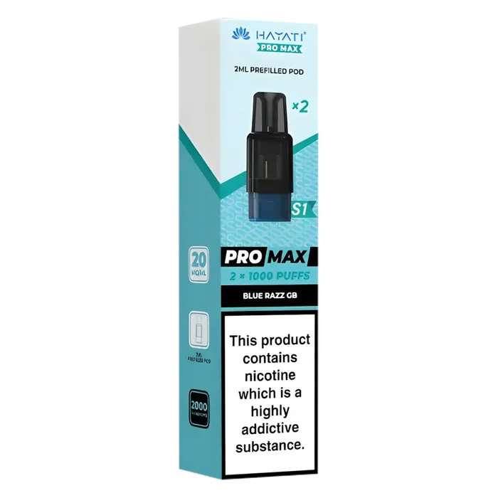 Hayati Pro Max S1 Blue Razz GB pods with 2ml nic salt e-liquid, 1000 puffs and mesh coil for smooth vaping