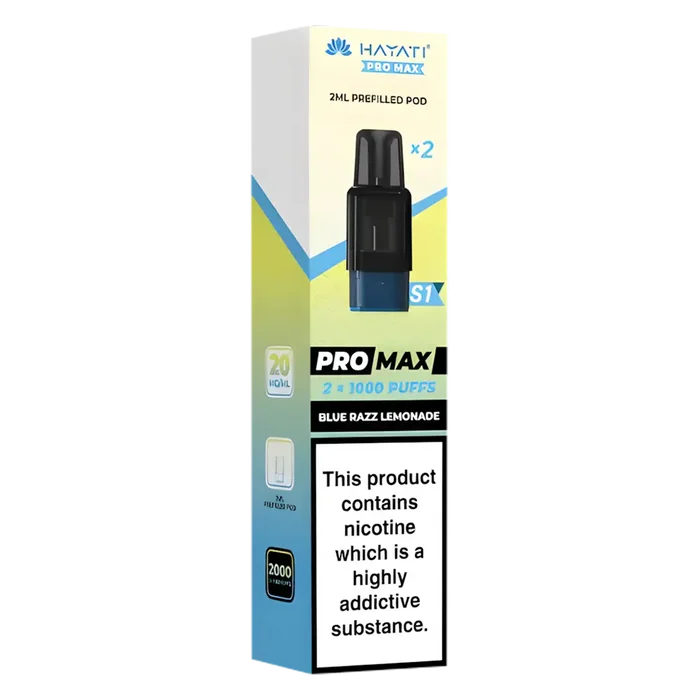 Hayati Pro Max S1 Blue Razz Lemonade pods with 2ml nic salt e-liquid, 1000 puffs and mesh coil for smooth vaping