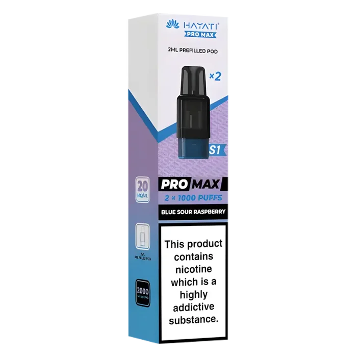 Hayati Pro Max S1 Blue Sour Raspberry pods with 2ml nic salt e-liquid, 1000 puffs and mesh coil for smooth vaping
