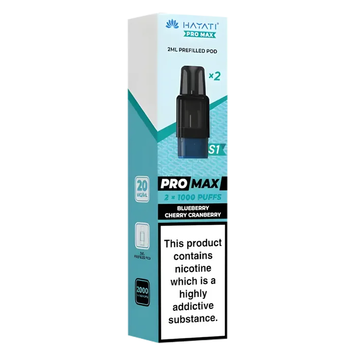 Hayati Pro Max S1 Blueberry Cherry Cranberry pods with 2ml nic salt e-liquid, 1000 puffs and mesh coil for smooth vaping