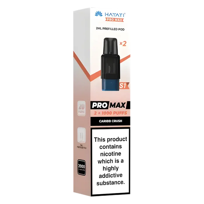 Hayati Pro Max S1 Caribb Crush pods with 2ml nic salt e-liquid, 1000 puffs and mesh coil for smooth vaping