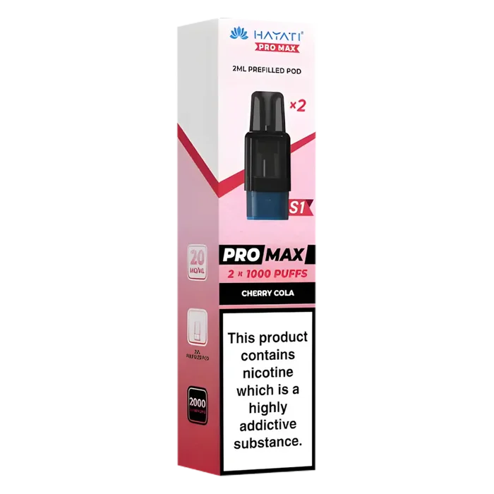Hayati Pro Max S1 Cherry Cola pods with 2ml nic salt e-liquid, 1000 puffs and mesh coil for smooth vaping
