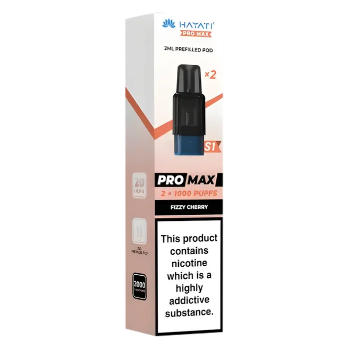 Hayati Pro Max S1 Fizzy Cherry pods with 2ml nic salt e-liquid, 1000 puffs and mesh coil for smooth vaping