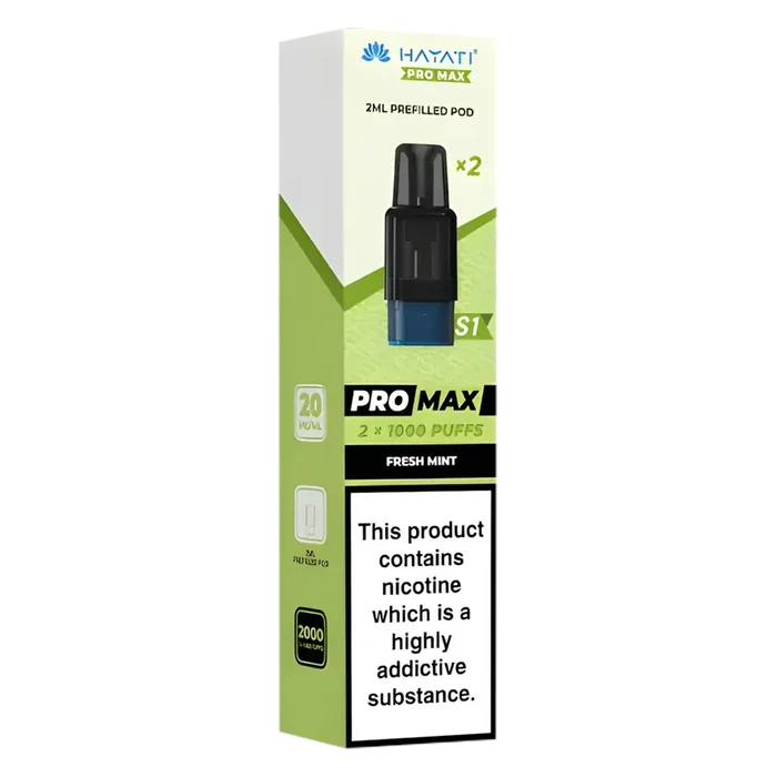 Hayati Pro Max S1 Fresh Mint pods with 2ml nic salt e-liquid, 1000 puffs and mesh coil for smooth vaping
