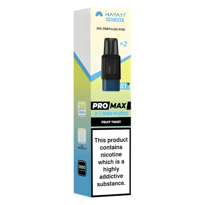 Hayati Pro Max S1 Fruit Twist pods with 2ml nic salt e-liquid, 1000 puffs and mesh coil for smooth vaping