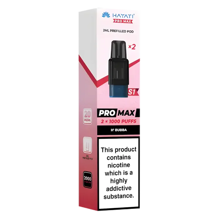 Hayati Pro Max S1 H'Bubba pods with 2ml nic salt e-liquid, 1000 puffs and mesh coil for smooth vaping