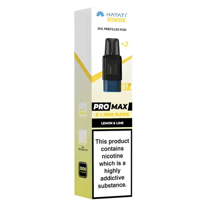 Hayati Pro Max S1 Lemon & Lime pods with 2ml nic salt e-liquid, 1000 puffs and mesh coil for smooth vaping