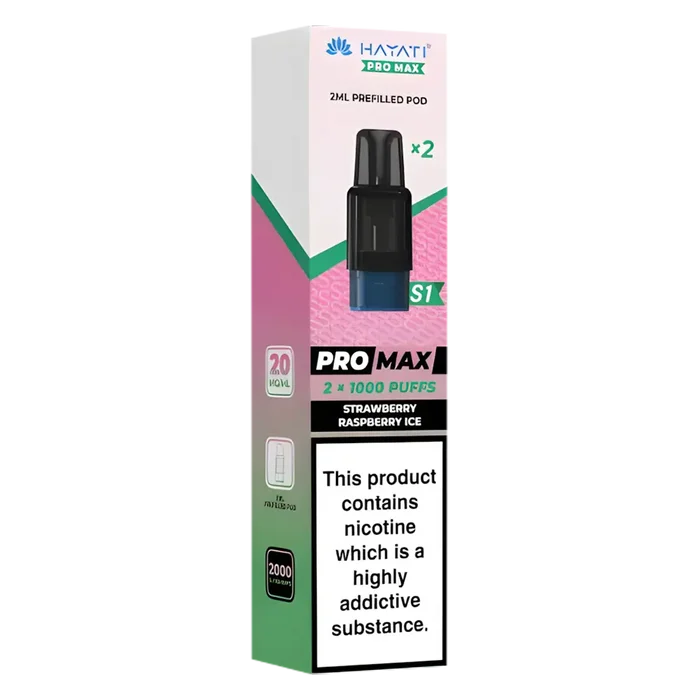 Hayati Pro Max S1 Strawberry Raspberry Ice pods with 2ml nic salt e-liquid, 1000 puffs and mesh coil for smooth vaping