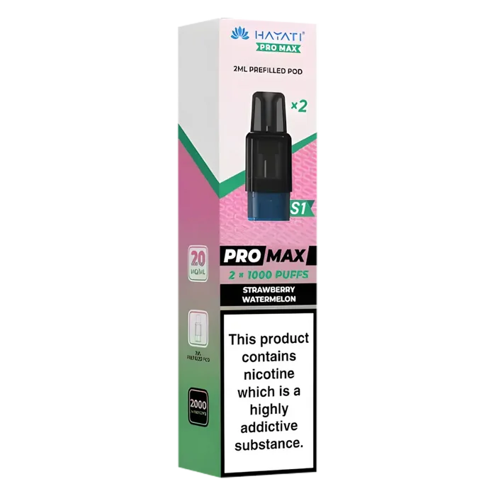 Hayati Pro Max S1 Strawberry Watermelon pods with 2ml nic salt e-liquid, 1000 puffs and mesh coil for smooth vaping