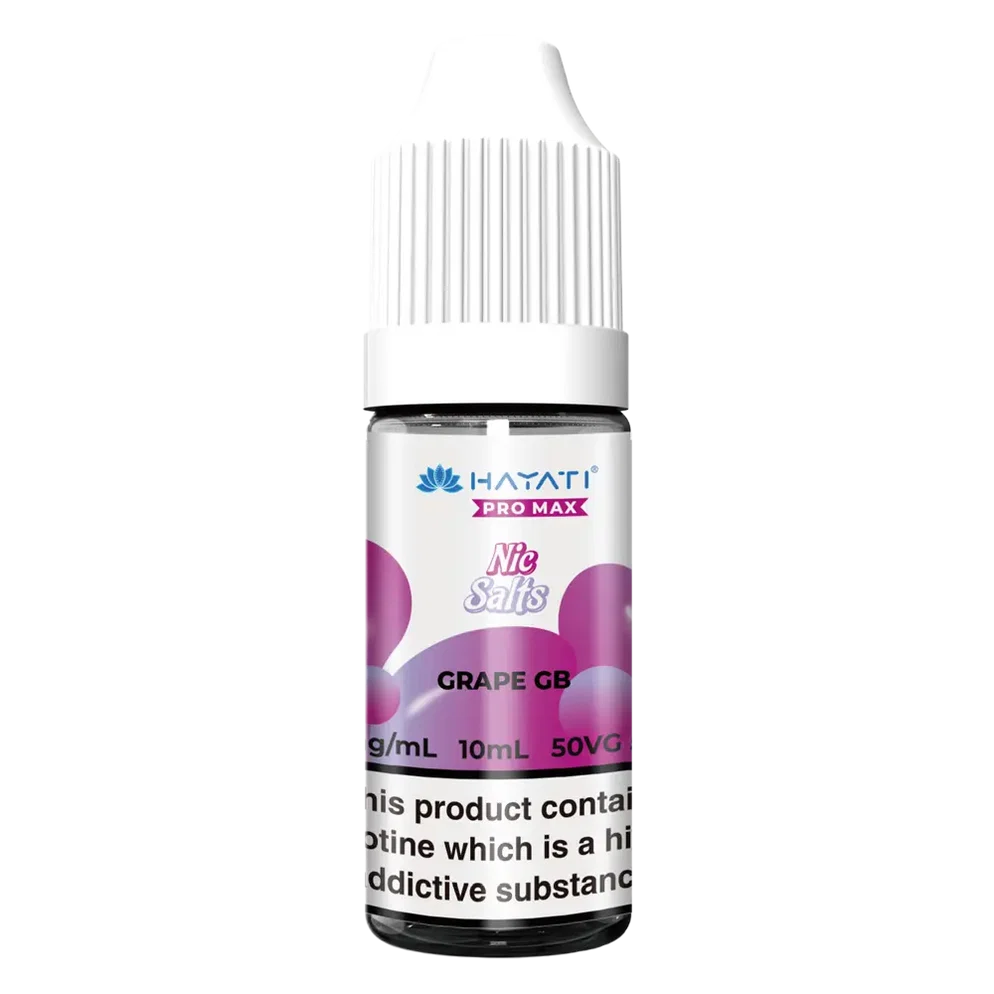 Hayati Pro Max Nic Salt Vape E-Liquid 10ml in grape gb Flavor, offering a smooth and satisfying vaping experience with convenient 10ml bottle packaging.