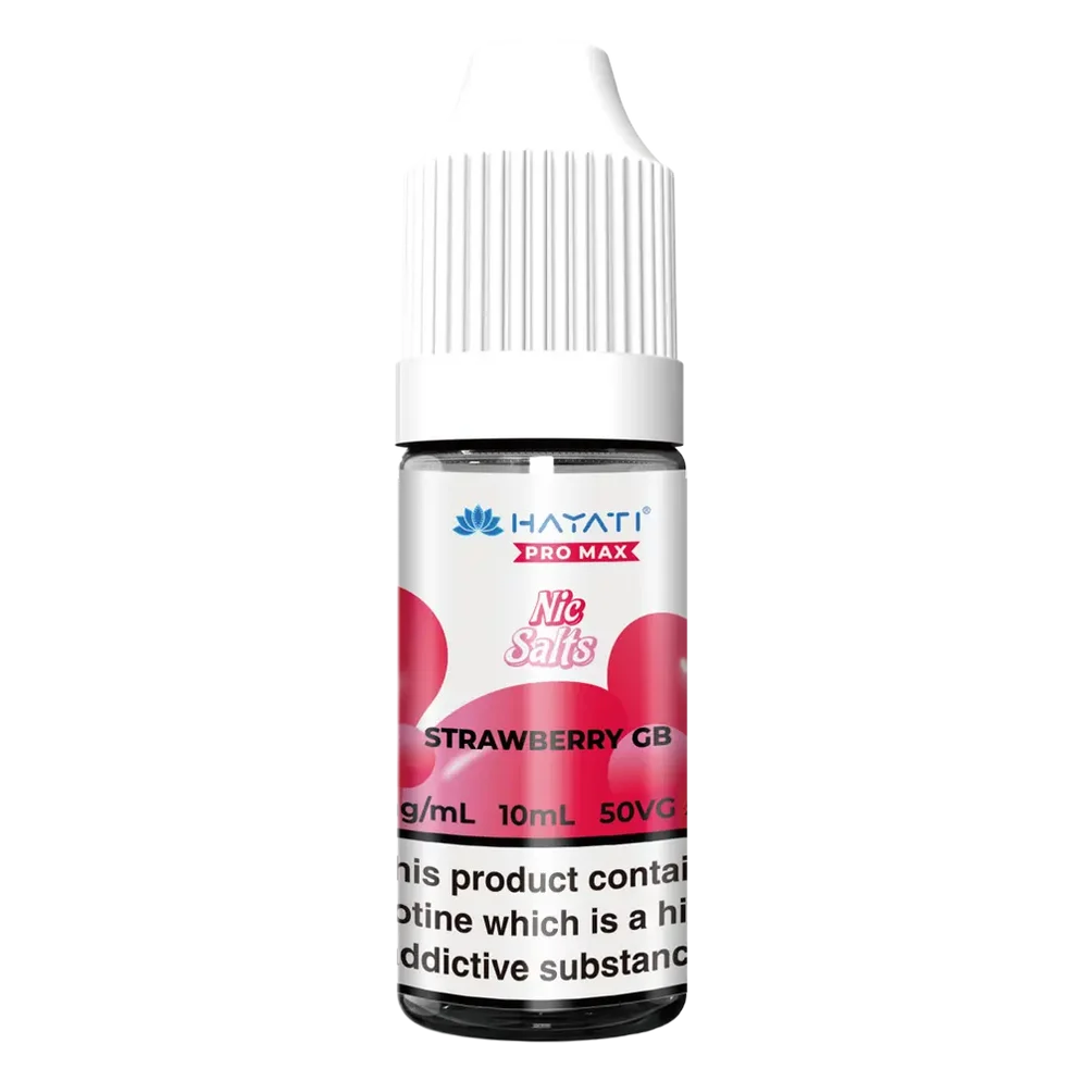 Hayati Pro Max Nic Salt Vape E-Liquid 10ml in strawberry gb Flavor, offering a smooth and satisfying vaping experience with convenient 10ml bottle packaging.