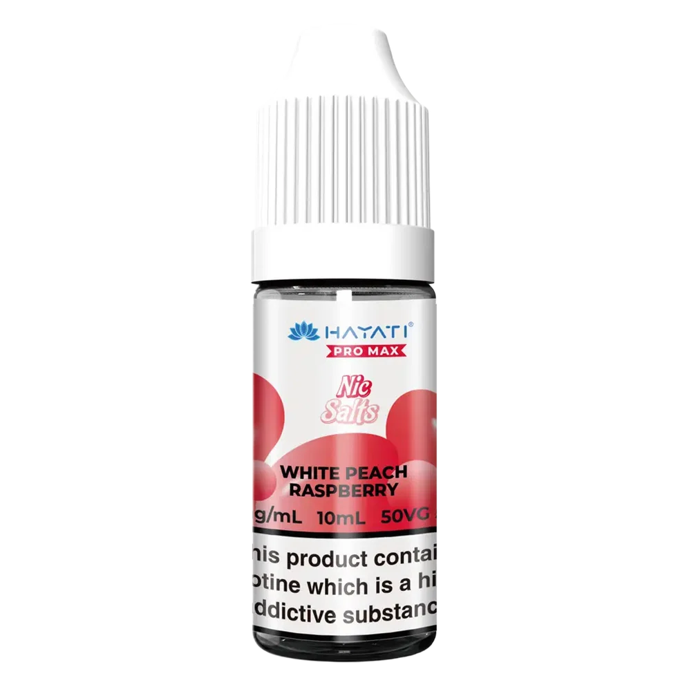 Hayati Pro Max Nic Salt Vape E-Liquid 10ml in white peach raspberry Flavor, offering a smooth and satisfying vaping experience with convenient 10ml bottle packaging.