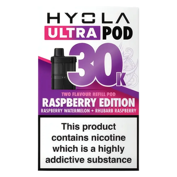 HYOLA Ultra 30K Prefilled Pods – premium high-capacity prefilled pod vape in raspberry edition flavour-focused design.