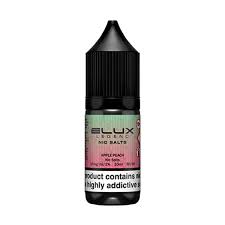 A product image showing a box and a bottle of Elux Legend Nic Salt E-Liquid with Apple Peach flavor. The packaging is predominantly black and pink, and the bottle is clearly labeled with the product name and nicotine strength.