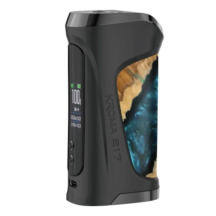 Innokin Kroma 217 Z Force Box Mod in River Wood – powerful vape mod compatible with 21700, 20700, and 18650 batteries, up to 100W output.