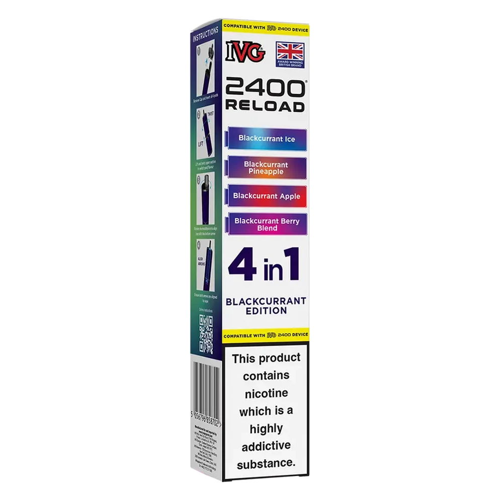 IVG 2400 4in1 Multi Flavour Edition Prefilled Pods in Blackcurrant Edition – convenient prefilled pods featuring multiple flavours in one pack for a varied vaping experience.