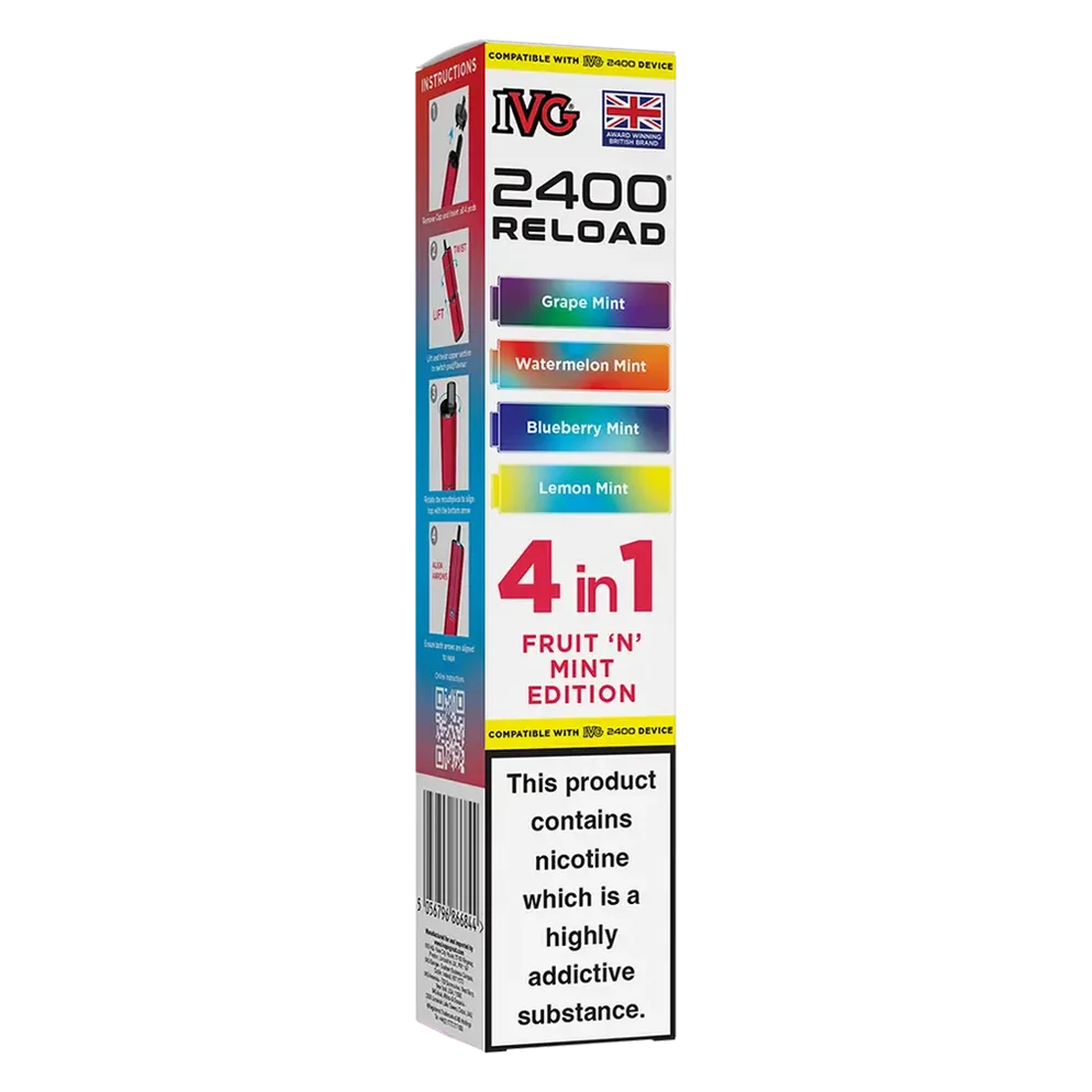 IVG 2400 4in1 Multi Flavour Edition Prefilled Pods in Fruit n Mint Edition – convenient prefilled pods featuring multiple flavours in one pack for a varied vaping experience.