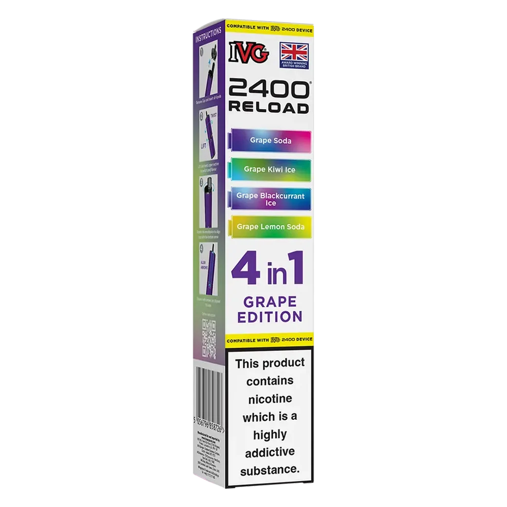 IVG 2400 4in1 Multi Flavour Edition Prefilled Pods in Grape Edition – convenient prefilled pods featuring multiple flavours in one pack for a varied vaping experience.