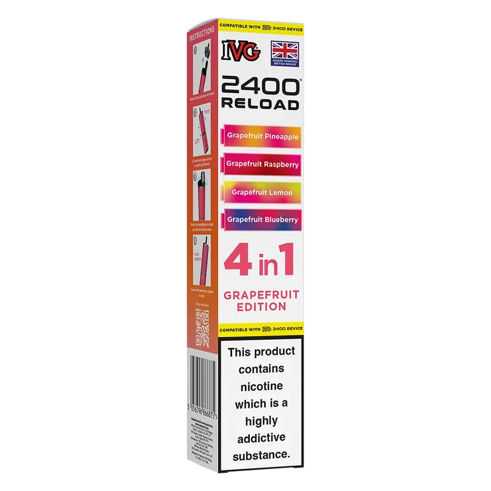IVG 2400 4in1 Multi Flavour Edition Prefilled Pods in Grapefruit Edition – convenient prefilled pods featuring multiple flavours in one pack for a varied vaping experience.
