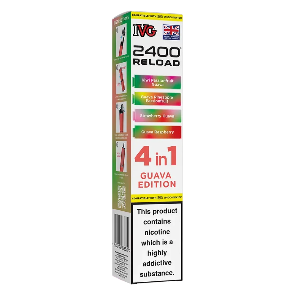 IVG 2400 4in1 Multi Flavour Edition Prefilled Pods in Guava Edition – convenient prefilled pods featuring multiple flavours in one pack for a varied vaping experience.
