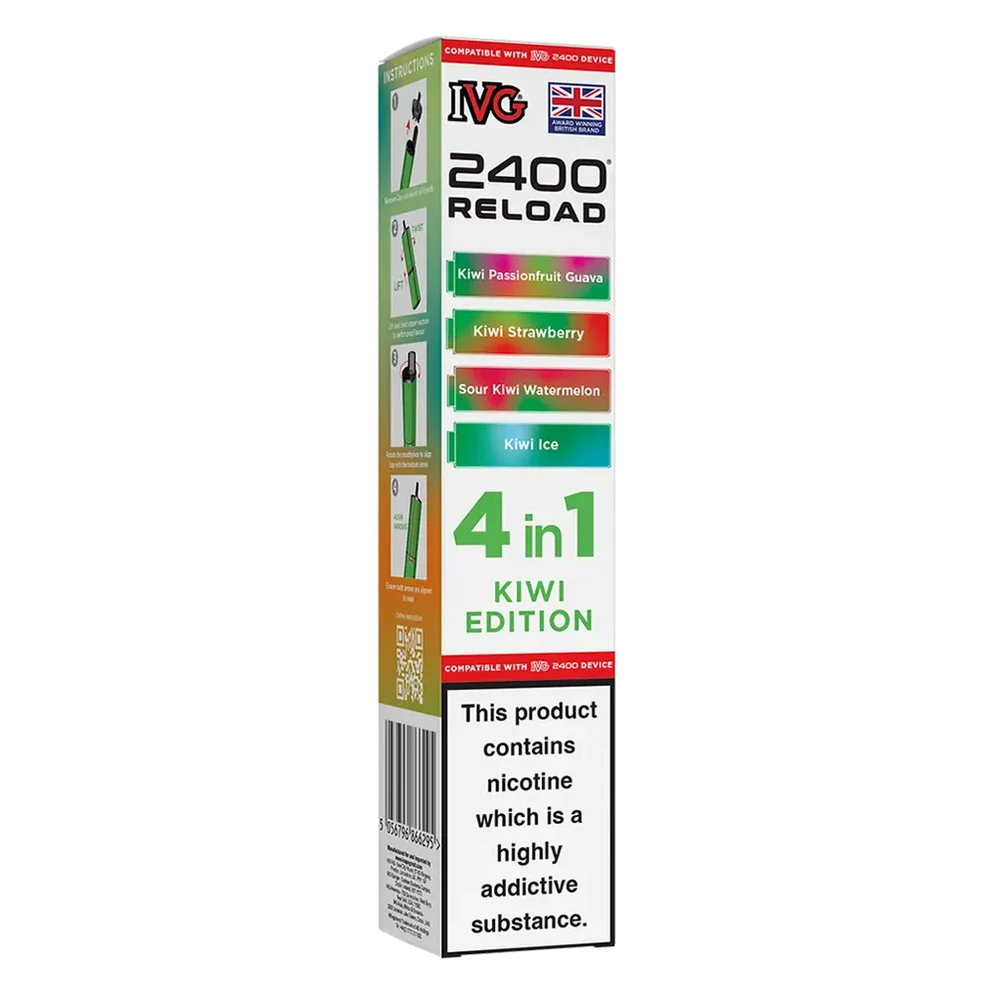 IVG 2400 4in1 Multi Flavour Edition Prefilled Pods in Kiwi Edition – convenient prefilled pods featuring multiple flavours in one pack for a varied vaping experience.