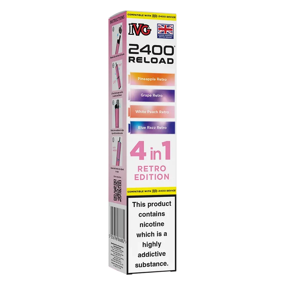 IVG 2400 4in1 Multi Flavour Edition Prefilled Pods in Retro Edition – convenient prefilled pods featuring multiple flavours in one pack for a varied vaping experience.