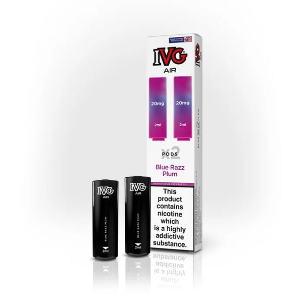 IVG Air Pods in Blue Razz Plum flavor, combining sweet blue raspberry and juicy plum in a sleek, easy-to-use disposable design for a smooth vaping experience