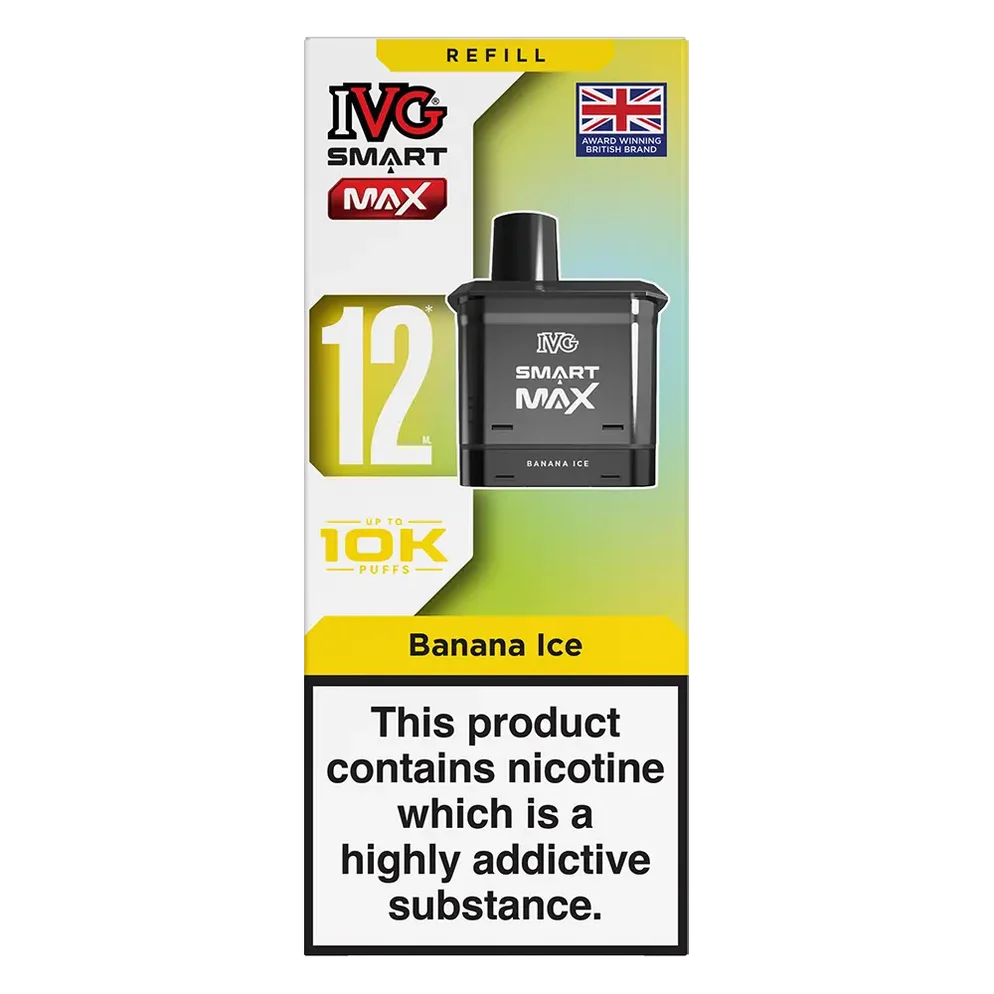 IVG Smart Max 10K Prefilled Pods in banana ice replacement prefilled pods with 2ml e-liquid capacity, delivering up to 10,000 puffs in sweet Blue Raspberry Ice flavour.