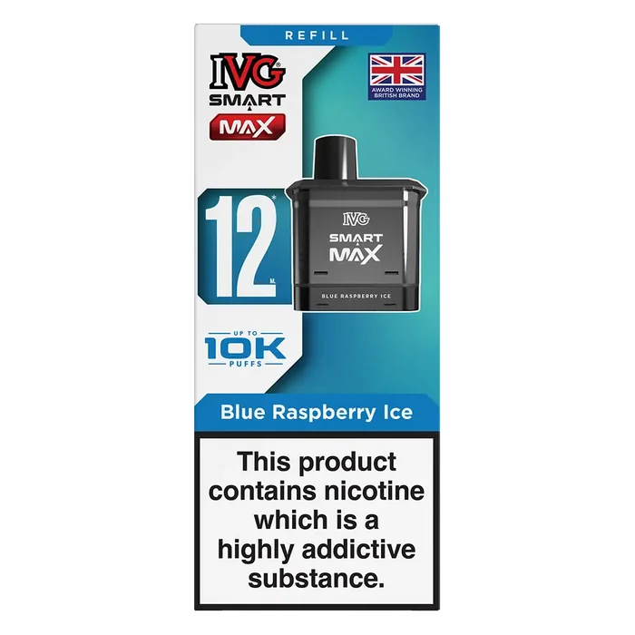 IVG Smart Max 10K Prefilled Pods in Blue Raspberry Ice – replacement prefilled pods with 2ml e-liquid capacity, delivering up to 10,000 puffs in sweet Blue Raspberry Ice flavour.