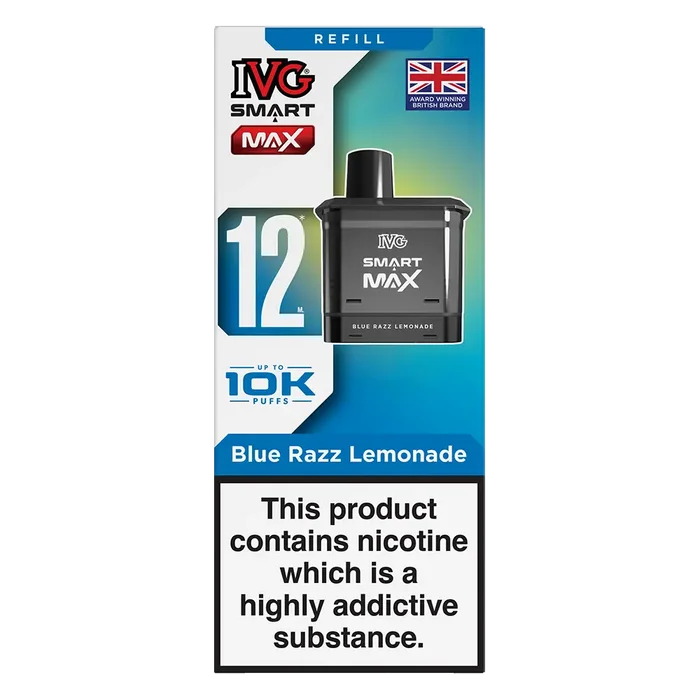 IVG Smart Max 10K Prefilled Pods in Blue Razz Lemonade – replacement prefilled pods with 2ml e-liquid capacity, delivering up to 10,000 puffs in sweet Blue Raspberry Ice flavour.