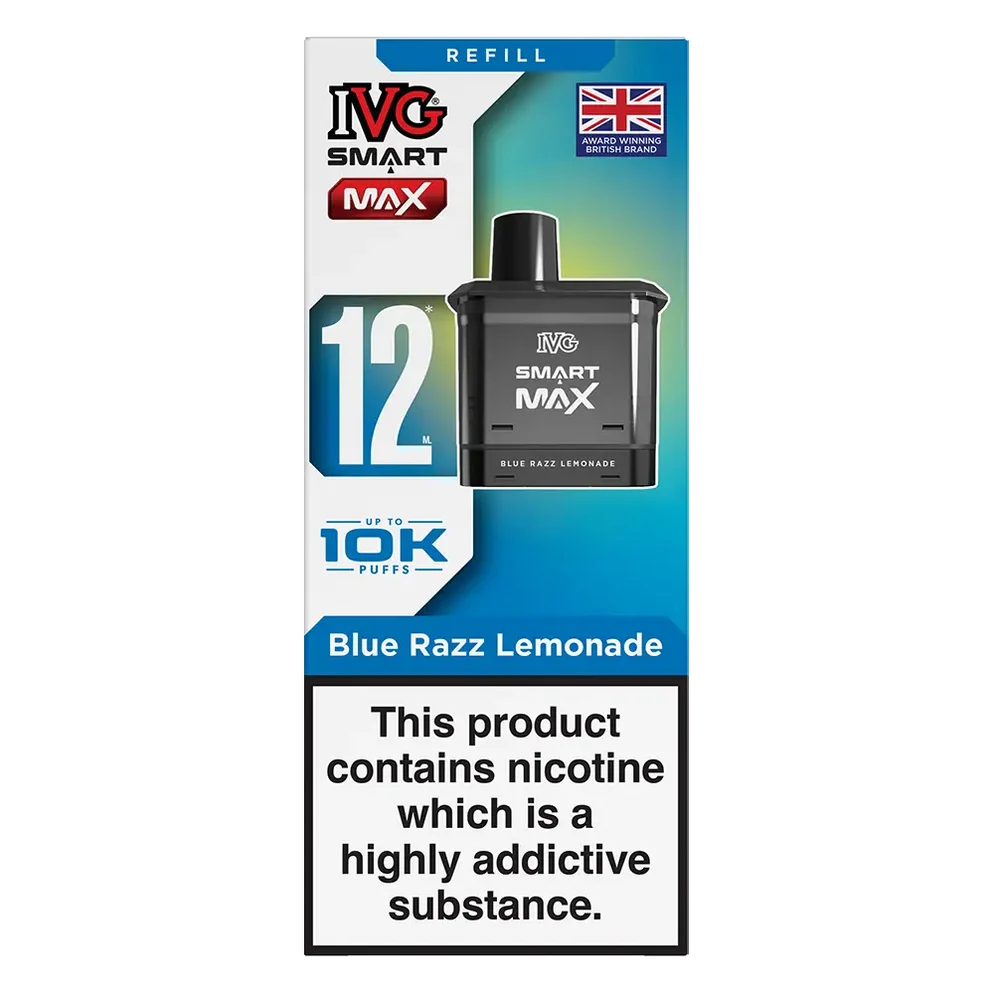 IVG Smart Max 10K Prefilled Pods in blue razz lemonade replacement prefilled pods with 2ml e-liquid capacity, delivering up to 10,000 puffs in sweet Blue Raspberry Ice flavour.