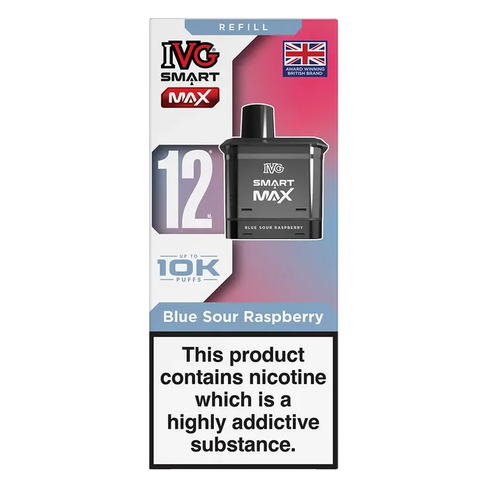 IVG Smart Max 10K Prefilled Pods in Blue Sour Raspberry – replacement prefilled pods with 2ml e-liquid capacity, delivering up to 10,000 puffs in sweet Blue Raspberry Ice flavour.
