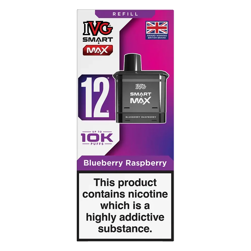 IVG Smart Max 10K Prefilled Pods in blueberry raspberry replacement prefilled pods with 2ml e-liquid capacity, delivering up to 10,000 puffs in sweet Blue Raspberry Ice flavour.