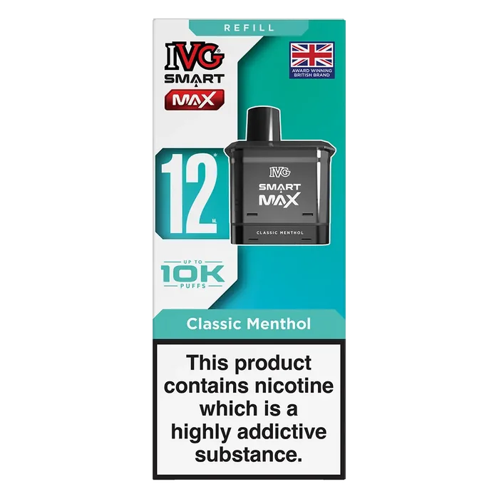 IVG Smart Max 10K Prefilled Pods in Classic Menthol – replacement prefilled pods with 2ml e-liquid capacity, delivering up to 10,000 puffs in sweet Blue Raspberry Ice flavour.