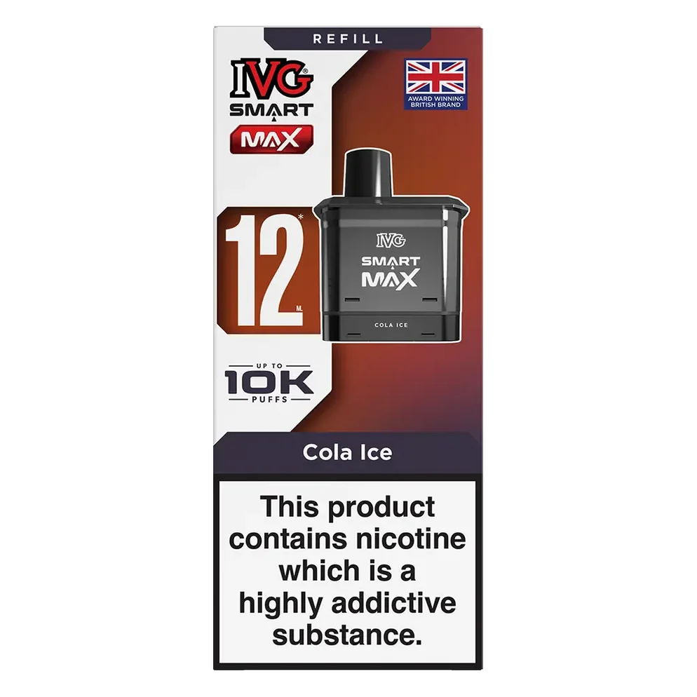 IVG Smart Max 10K Prefilled Pods in cola ice replacement prefilled pods with 2ml e-liquid capacity, delivering up to 10,000 puffs in sweet Blue Raspberry Ice flavour.