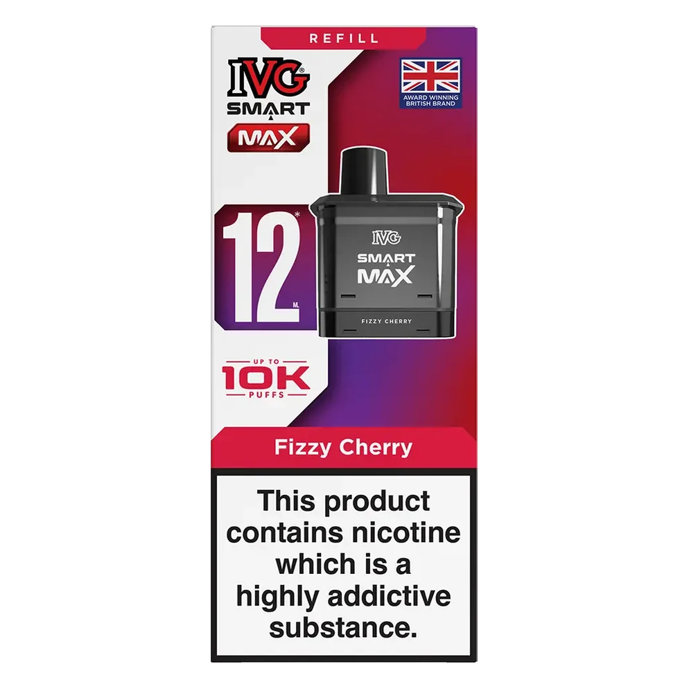 IVG Smart Max 10K Prefilled Pods in fizzy cherry replacement prefilled pods with 2ml e-liquid capacity, delivering up to 10,000 puffs in sweet Blue Raspberry Ice flavour.