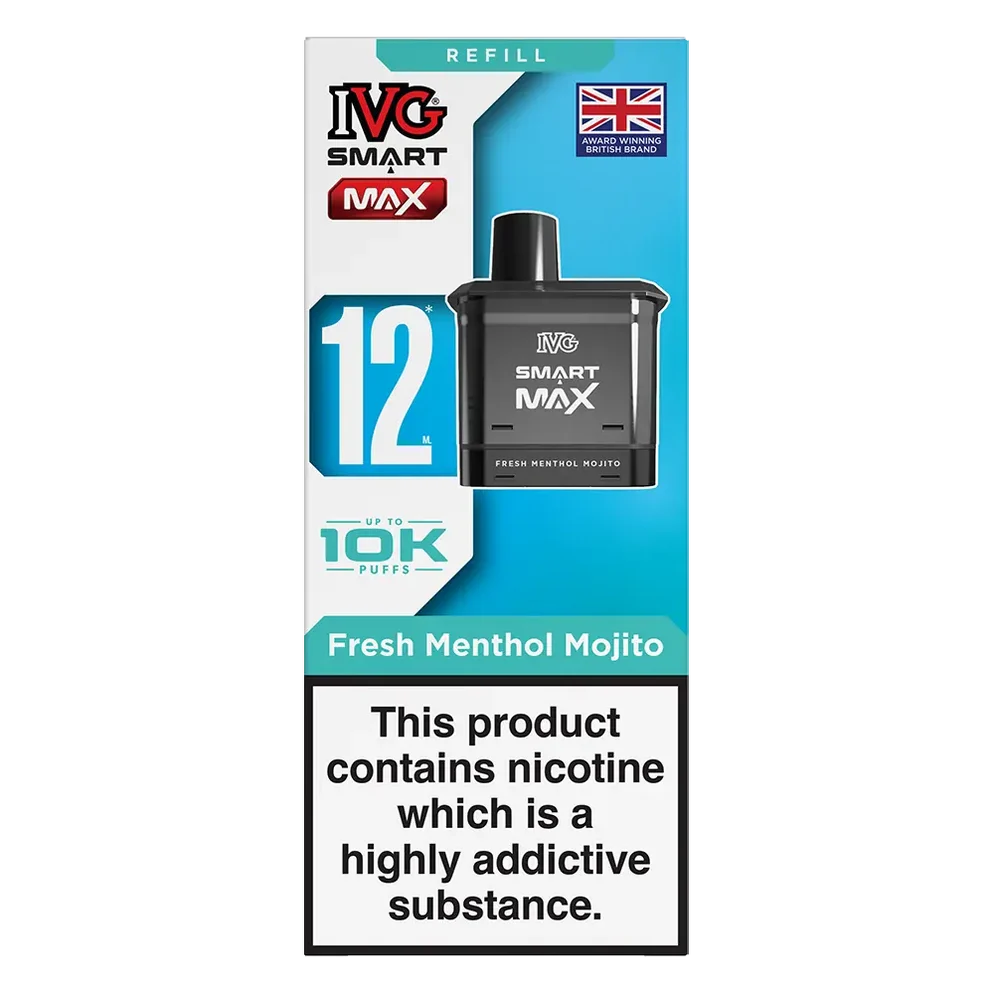 IVG Smart Max 10K Prefilled Pods in fresh menthol mojito replacement prefilled pods with 2ml e-liquid capacity, delivering up to 10,000 puffs in sweet Blue Raspberry Ice flavour.
