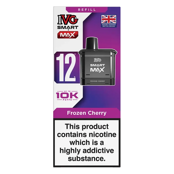 IVG Smart Max 10K Prefilled Pods in Frozen Cherry – replacement prefilled pods with 2ml e-liquid capacity, delivering up to 10,000 puffs in sweet Blue Raspberry Ice flavour.