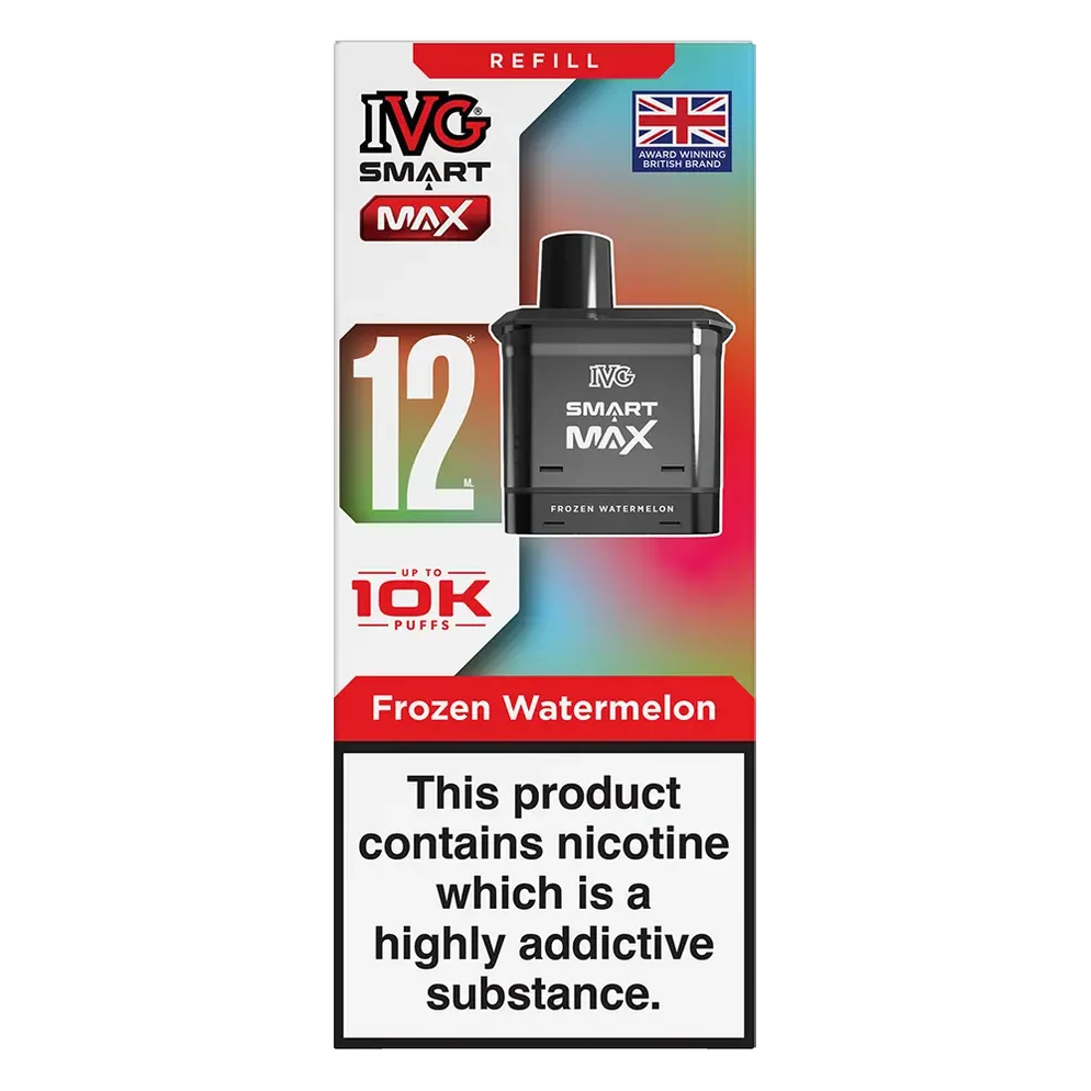 IVG Smart Max 10K Prefilled Pods in frozen watermelon replacement prefilled pods with 2ml e-liquid capacity, delivering up to 10,000 puffs in sweet Blue Raspberry Ice flavour.