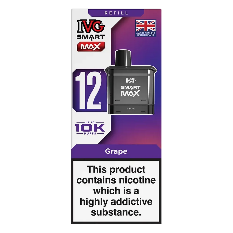 IVG Smart Max 10K Prefilled Pods in grape replacement prefilled pods with 2ml e-liquid capacity, delivering up to 10,000 puffs in sweet Blue Raspberry Ice flavour.