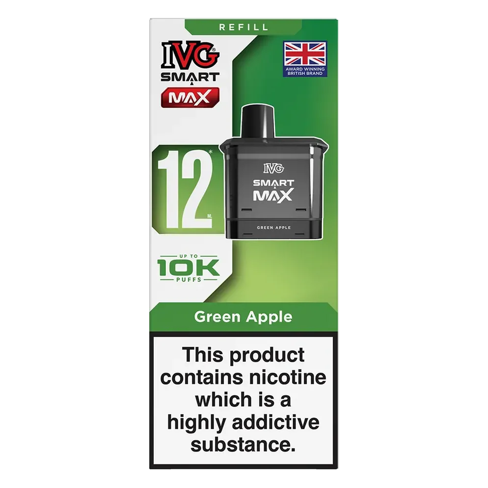 IVG Smart Max 10K Prefilled Pods in green apple replacement prefilled pods with 2ml e-liquid capacity, delivering up to 10,000 puffs in sweet Blue Raspberry Ice flavour.
