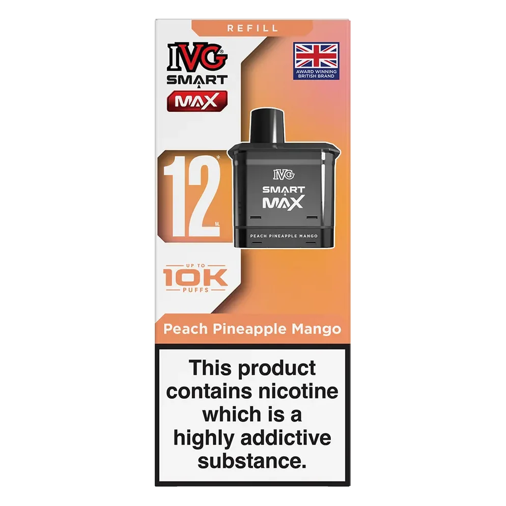 IVG Smart Max 10K Prefilled Pods in peach pineapple mango replacement prefilled pods with 2ml e-liquid capacity, delivering up to 10,000 puffs in sweet Blue Raspberry Ice flavour.